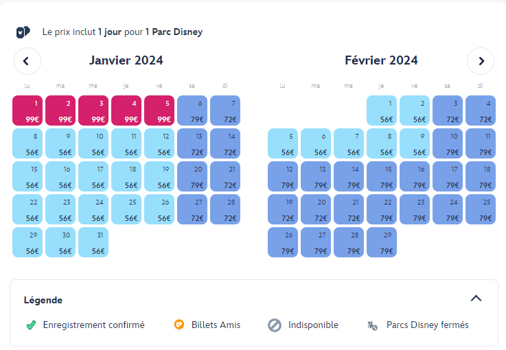 Calendrier billets amis Disneyland Paris