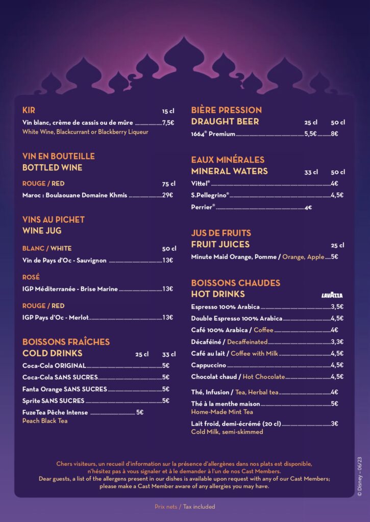 Menu du Agrabah Café a Disneyland Paris
