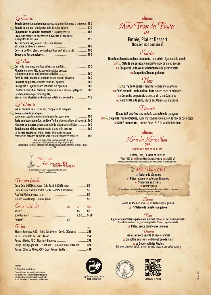 Menu du restaurant Captain Jack's à Disneyland Paris