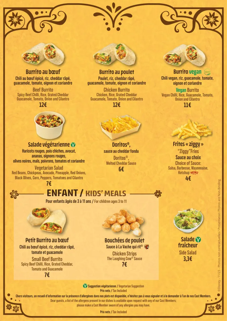 Première partie du menu du restaurant Casa de Coco à Disneyland Paris