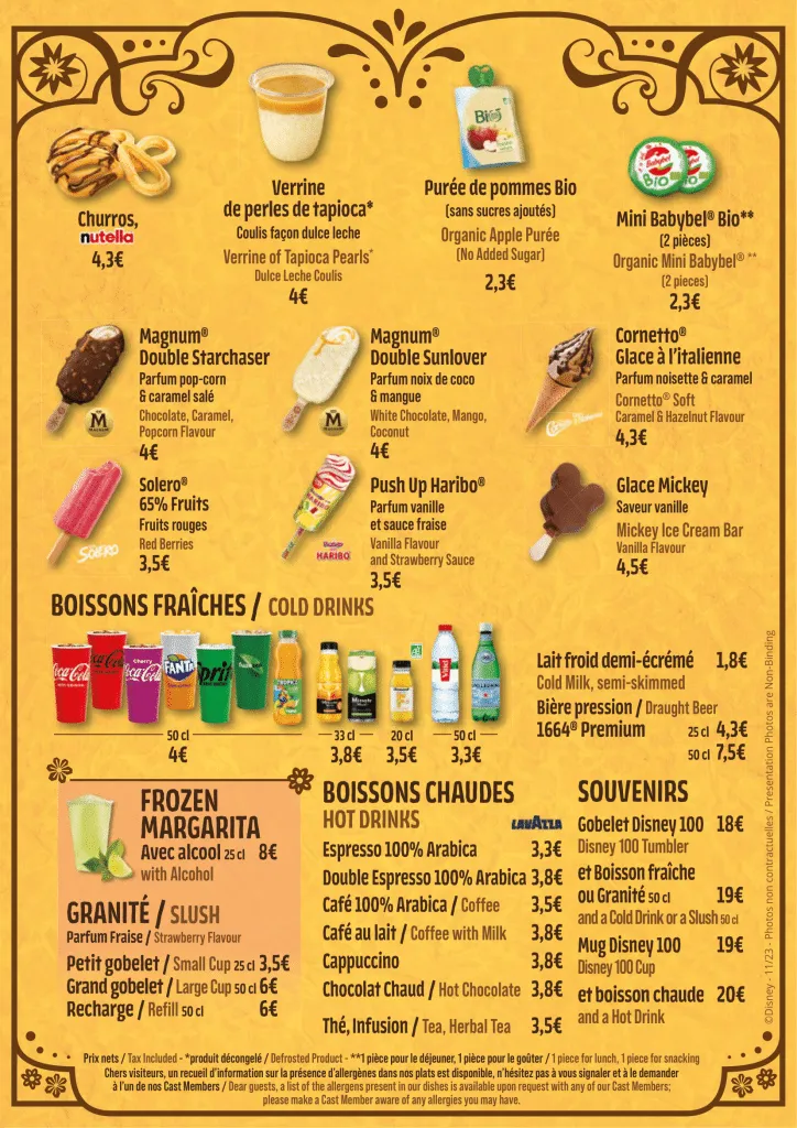Deuxieme partie du menu du restaurant la Casa de Coco à Disneyland Paris