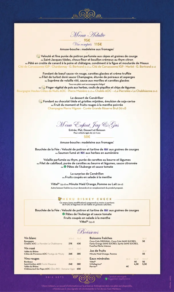 Menu du restaurant l'Auberge de Cendrillon à Disneyland Paris