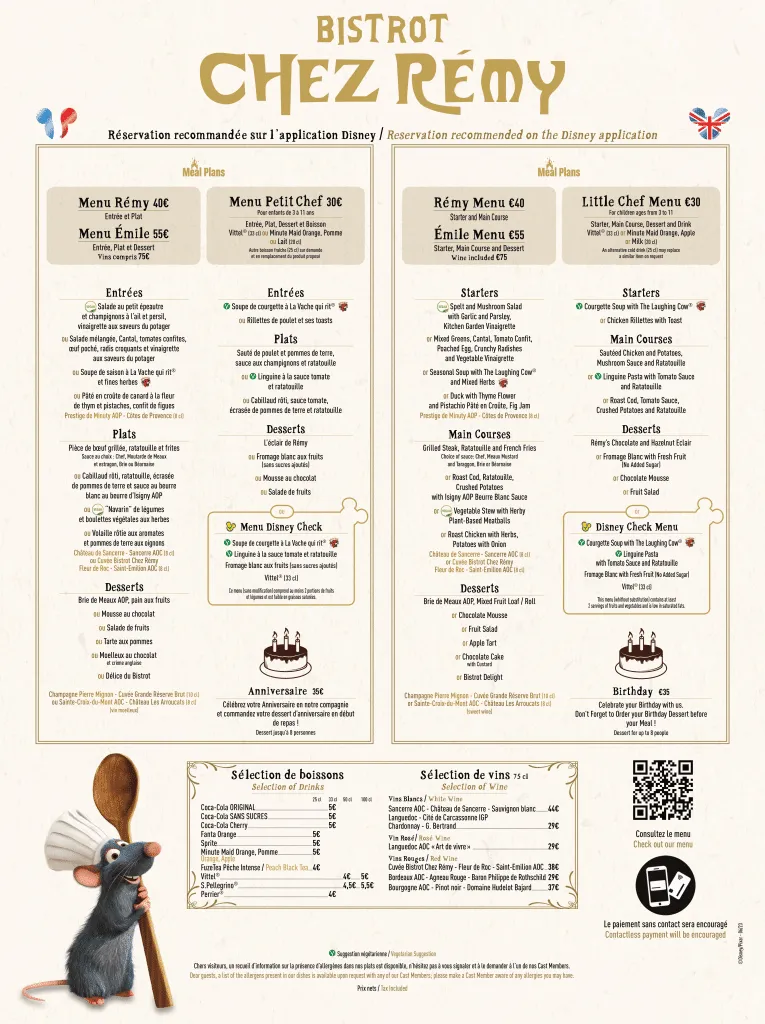 Menu du restaurant Bistrot chez Remy à Disneyland Paris
