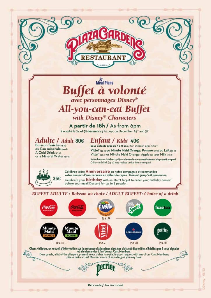 Menu du plaza garden à Disneyland Paris