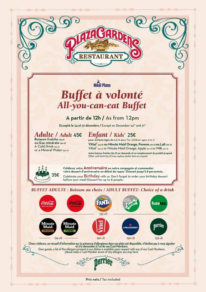Menu du Plaza Gardens à Disneyland Paris