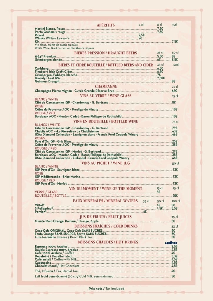 Menu du Plaza Gardens à Disneyland Paris
