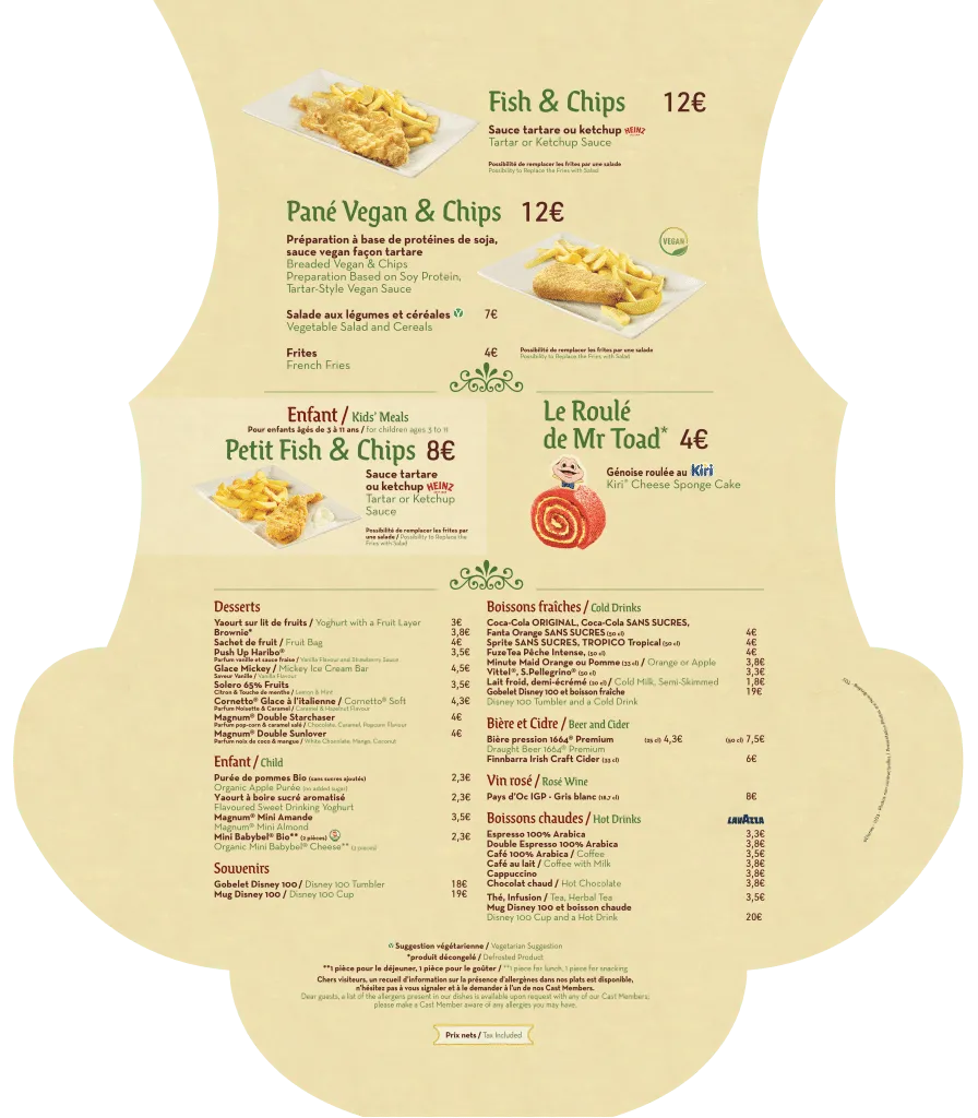 Menu du Restaurant Toad HALL à Disneyland Paris