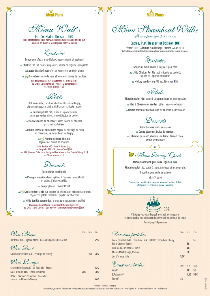 Menu du restaurant le Walt's à Dinseyland Paris